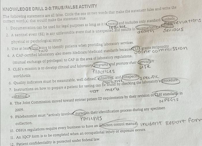 Knowledge drill 8-3 true/false activity