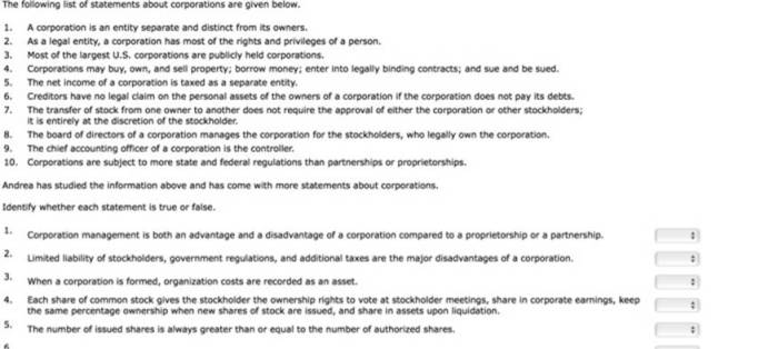 Andrea has prepared the following list of statements about corporations